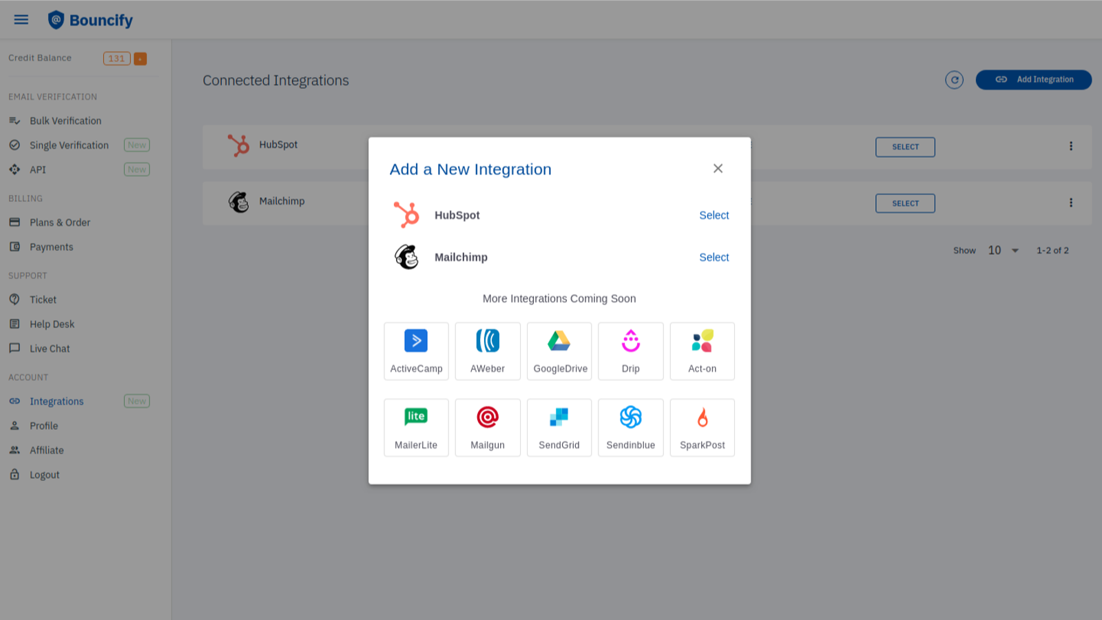 Bouncify integration lists. Select HubSpot.